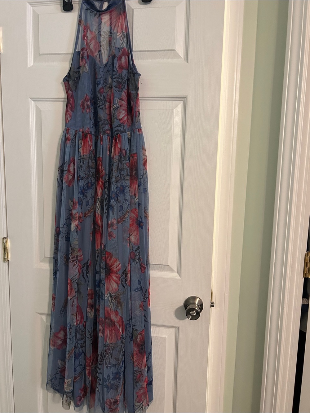 Candie's Blue Floral Halter Maxi Dress with Red-Pink Blooms